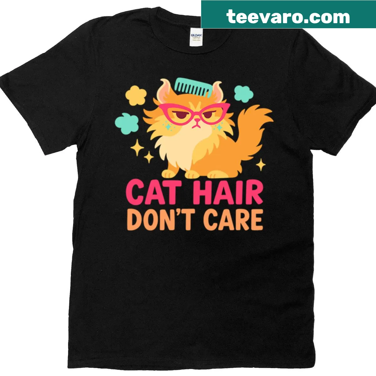Vintage-style tee with 'Cat Hair Don't Care' text for cat lovers — on a men's t-shirt