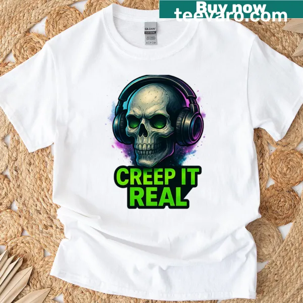 Skull graphic t-shirt with headphones and neon splash design.