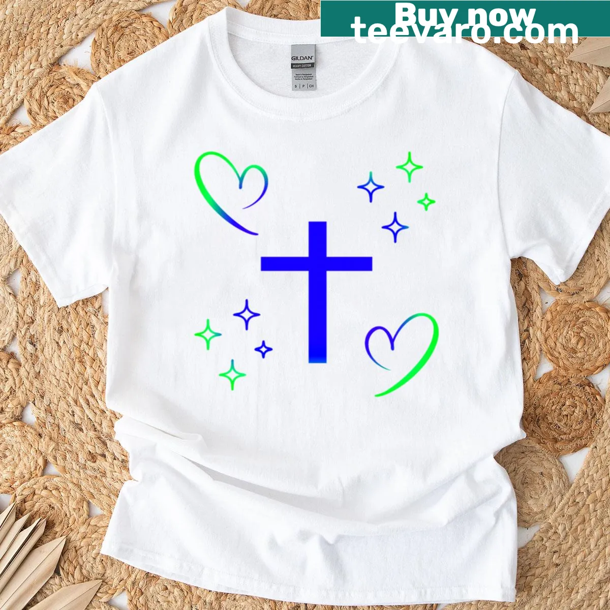 T-shirt featuring crosses and hearts symbolizing faith and love — on a men's t-shirt
