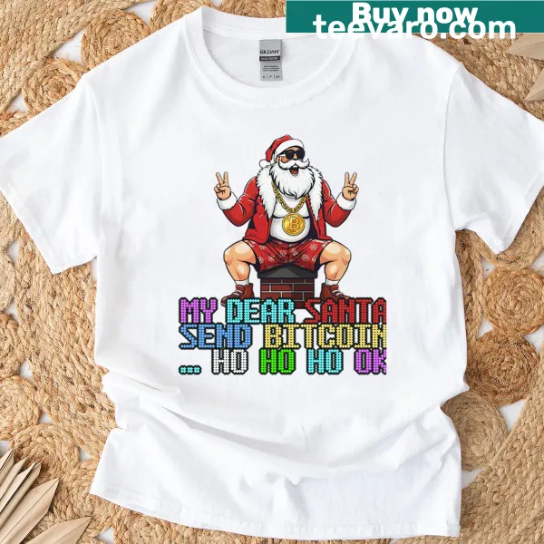 Funny Christmas t-shirt featuring Crypto Santa and Bitcoin request