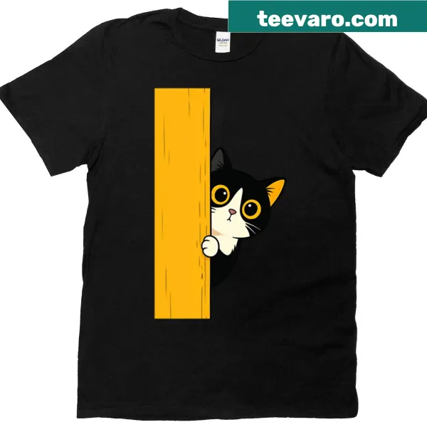 Minimalist cartoon cat design peeking on a T-shirt