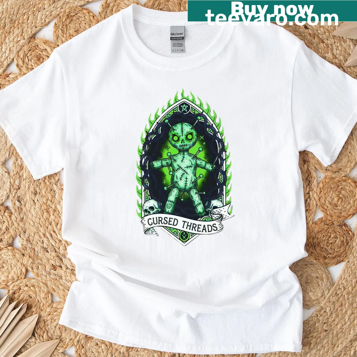 Vintage-style t-shirt featuring a spooky voodoo doll graphic — on a men's t-shirt