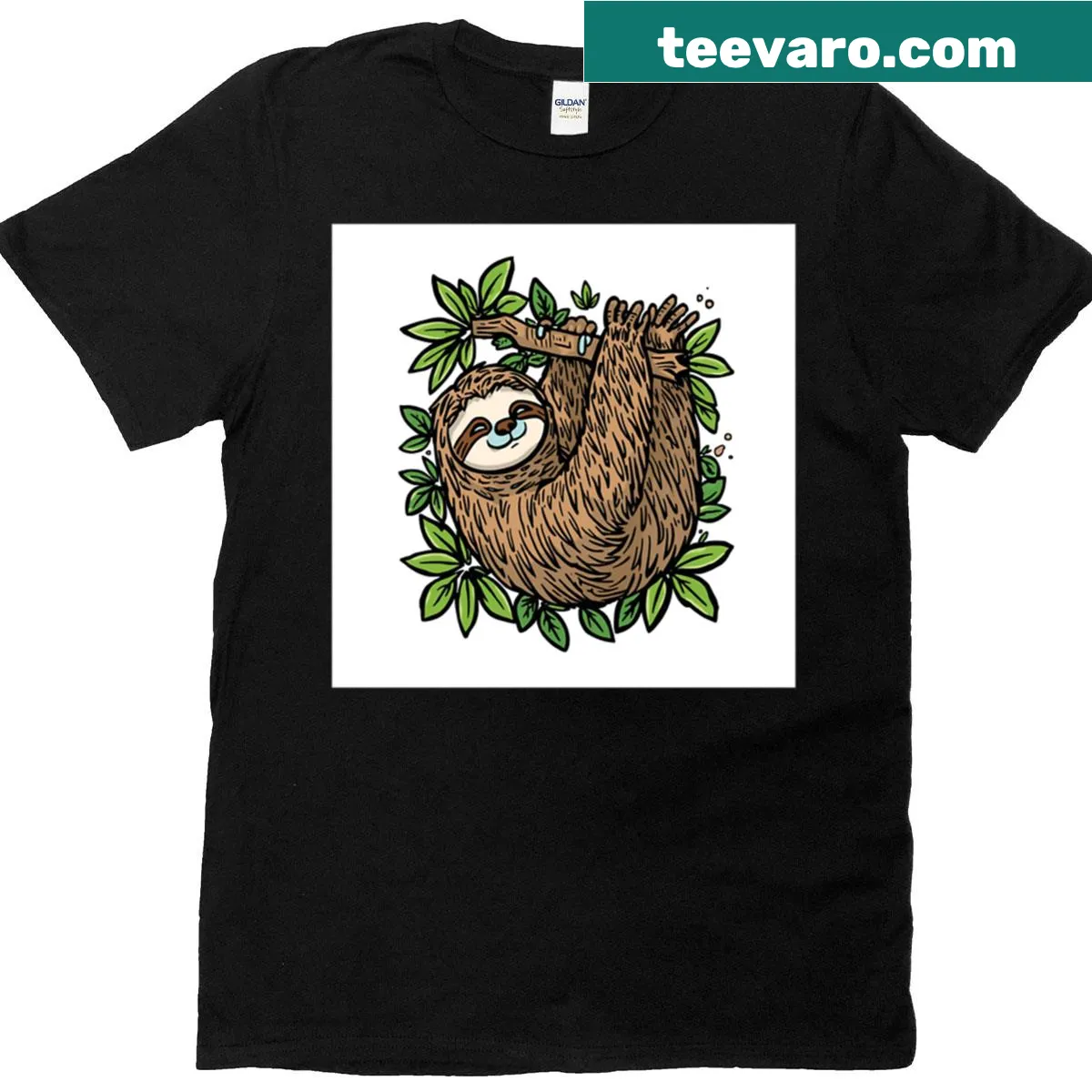Cute sloth hanging out graphic on a t-shirt — on a men's t-shirt