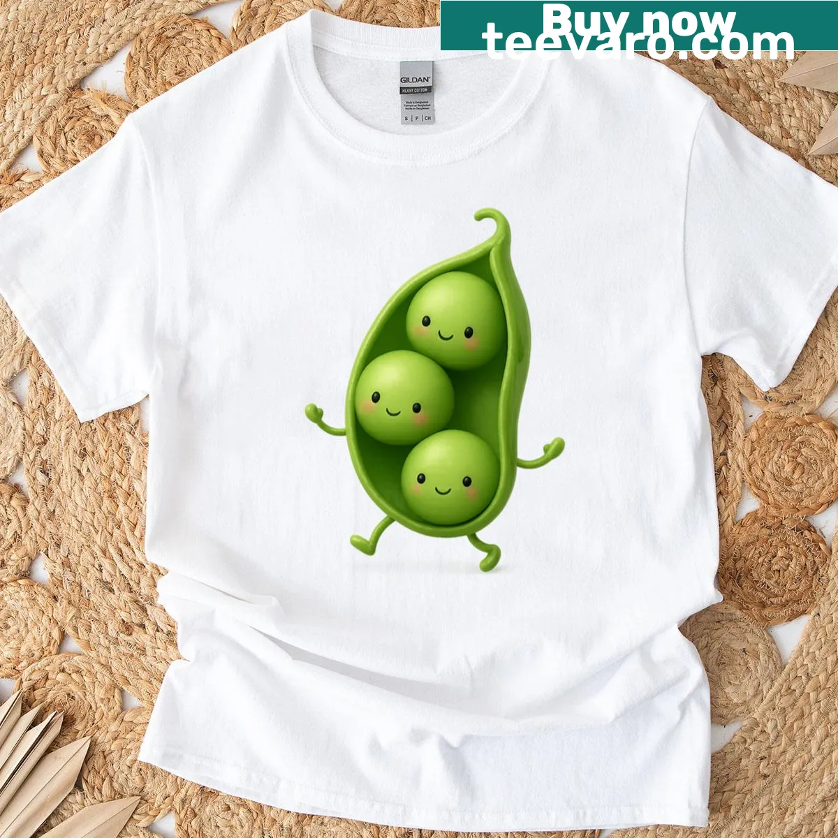 Cute t-shirt with dancing pea pod cartoon art — on a men's t-shirt