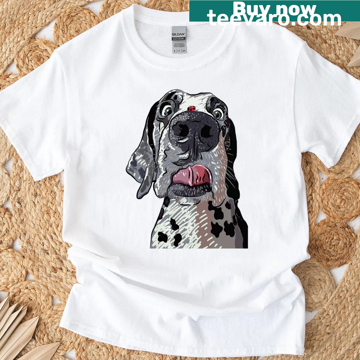 T-shirt featuring a cute ladybird and dalmatian dog graphic — on a men's t-shirt
