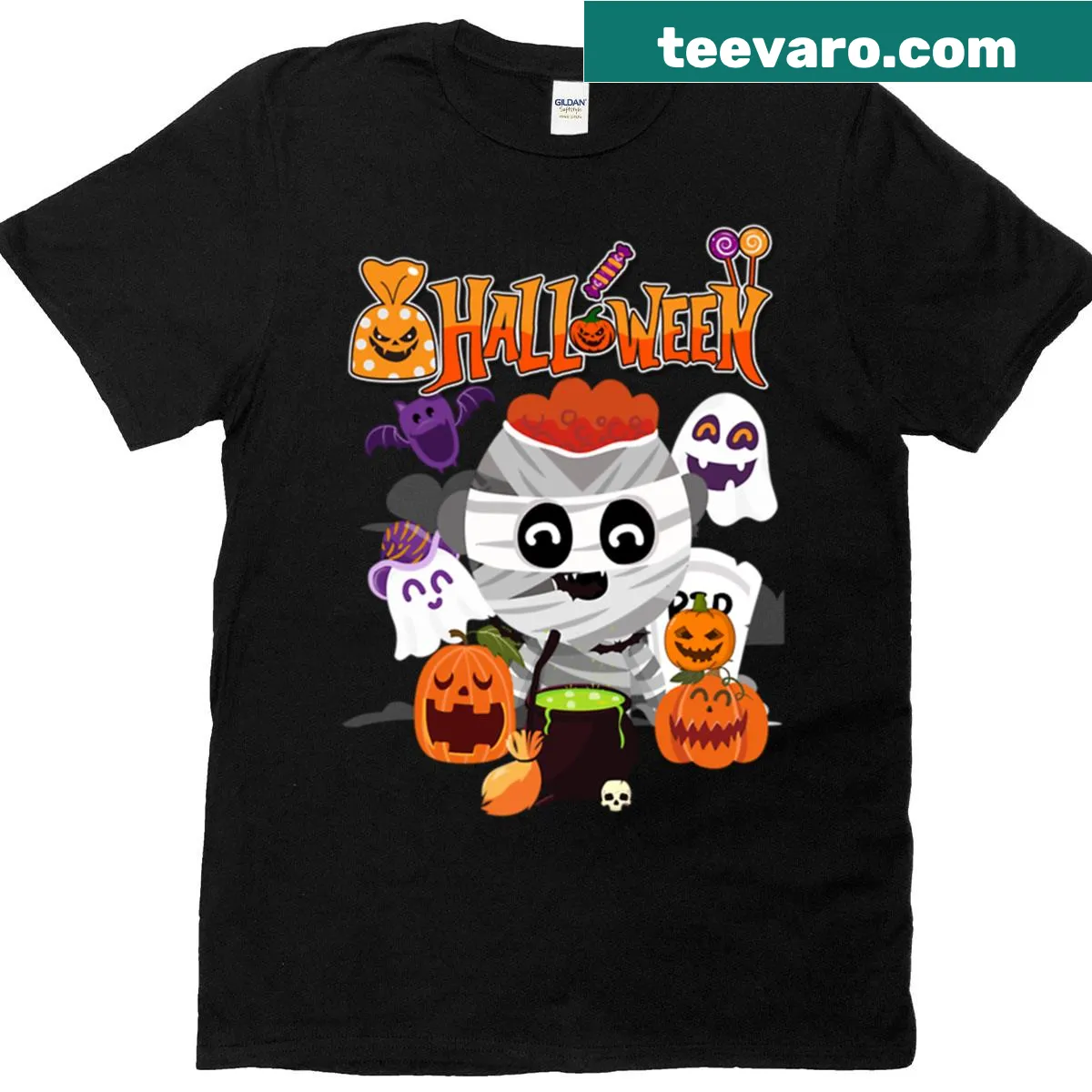 Whimsical mummy illustration on a Halloween-themed shirt — on a men's t-shirt