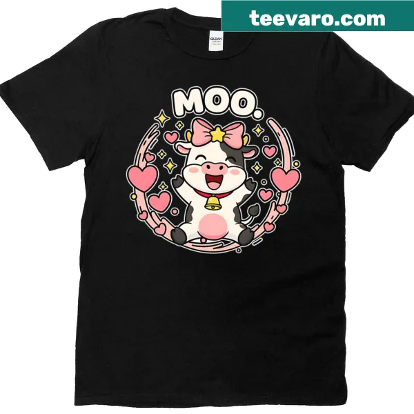 Kawaii-style T-shirt featuring a cute cow with hearts for kids.