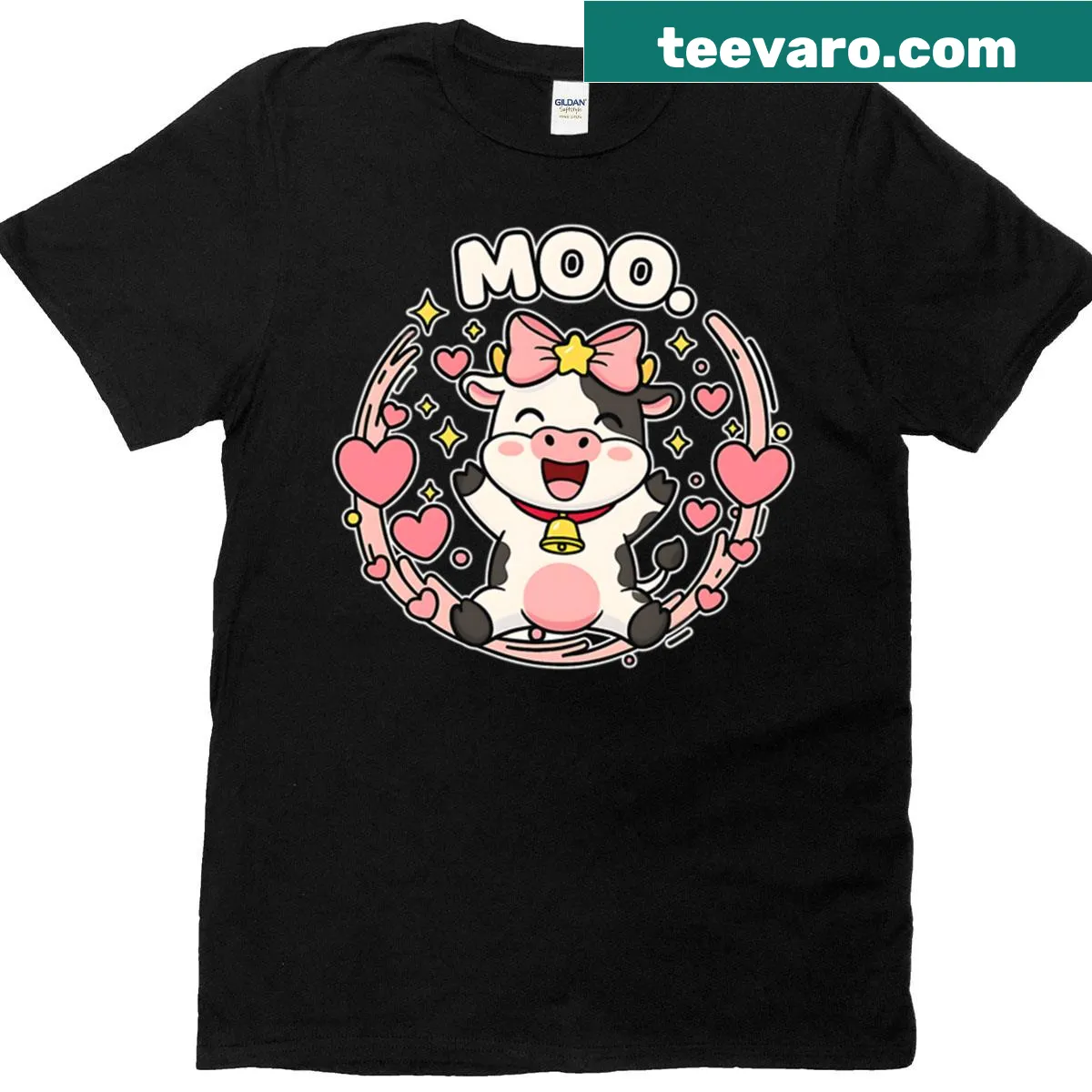 Kawaii-style T-shirt featuring a cute cow with hearts for kids. — on a men's t-shirt