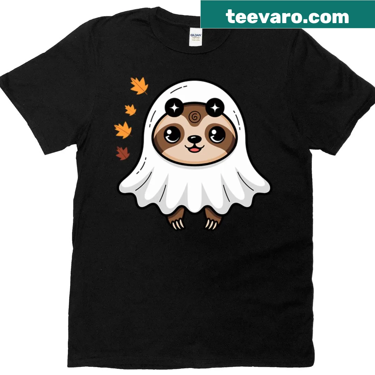 Adorable sloth ghost illustration surrounded by autumn leaves on a T-shirt — on a men's t-shirt