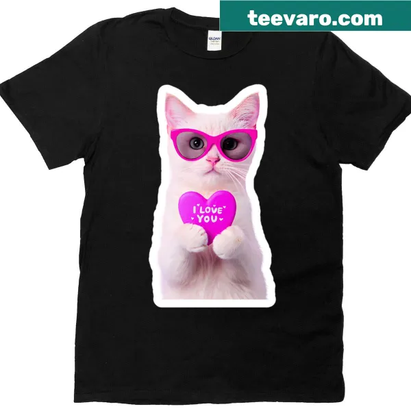 Illustration of cute white cat with heart and shades on T-shirt