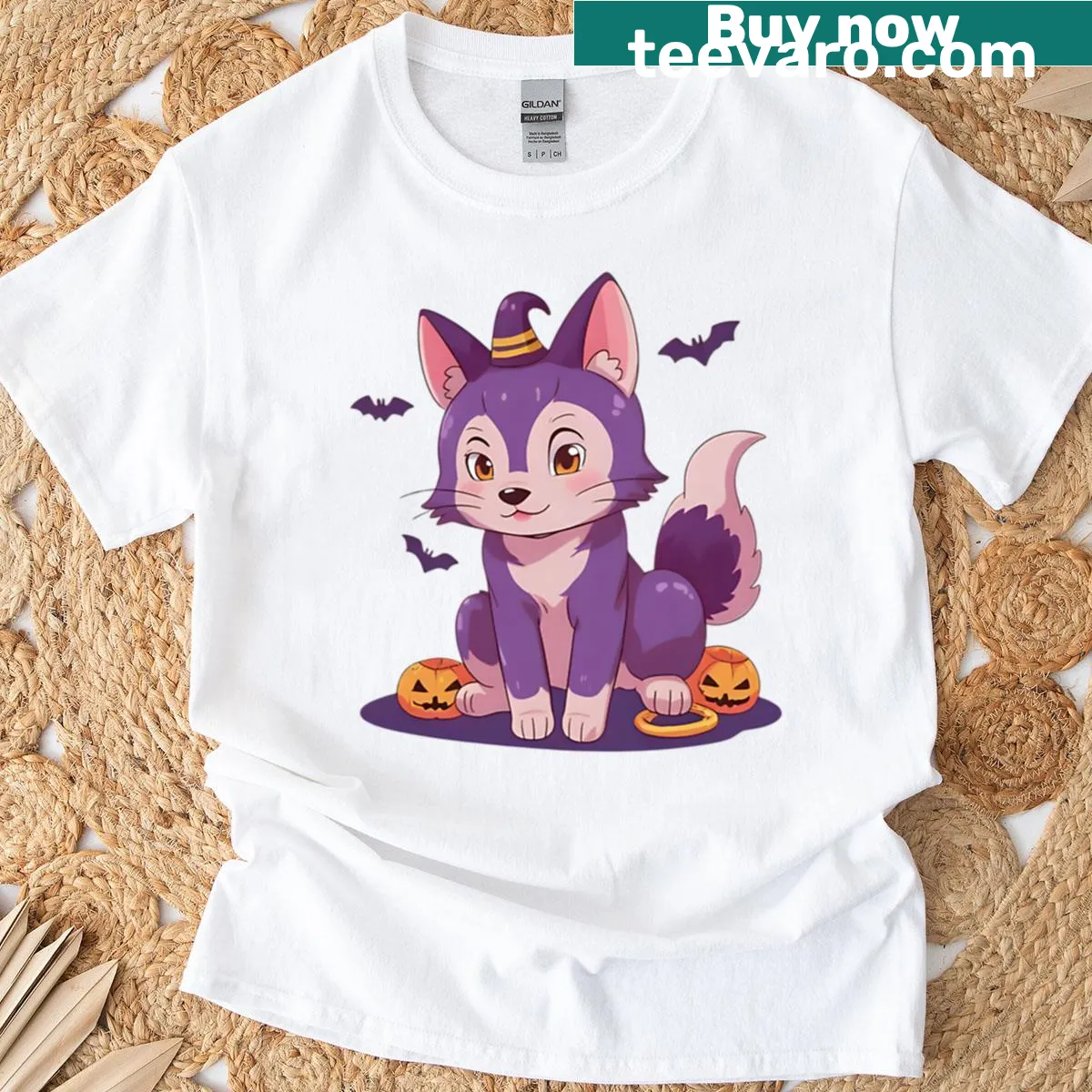 Kawaii oversized T-shirt with a cute wizard cat design for Halloween — on a men's t-shirt