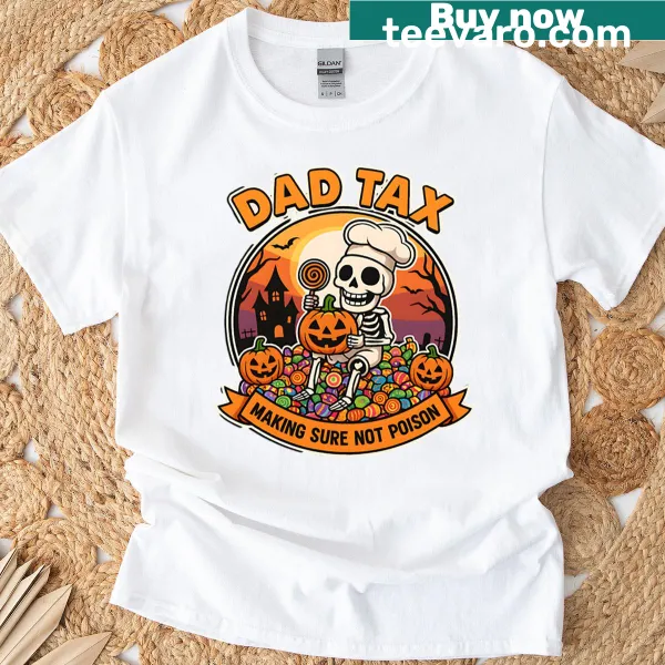 Funny Halloween T-shirt featuring a skeleton checking candy