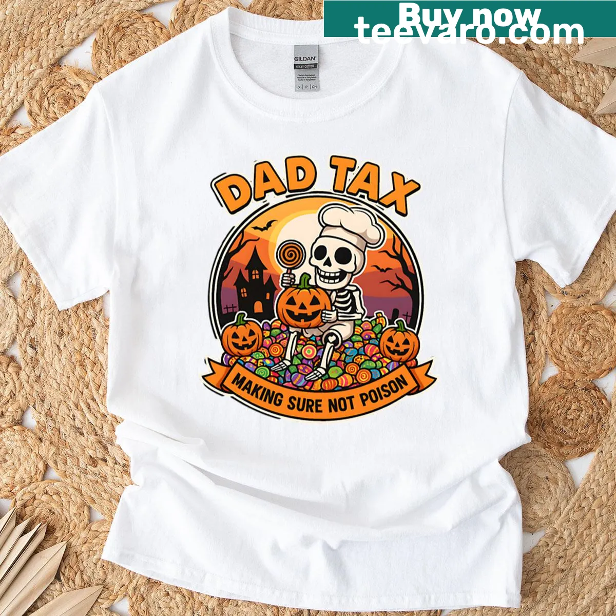 Funny Halloween T-shirt featuring a skeleton checking candy — on a men's t-shirt