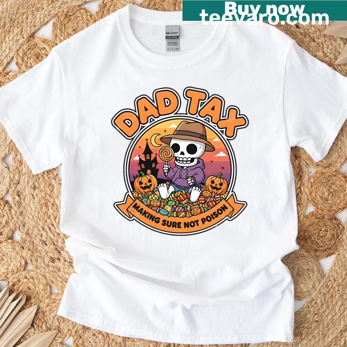 Funny Halloween skeleton t-shirt with candy inspector design — on a men's t-shirt