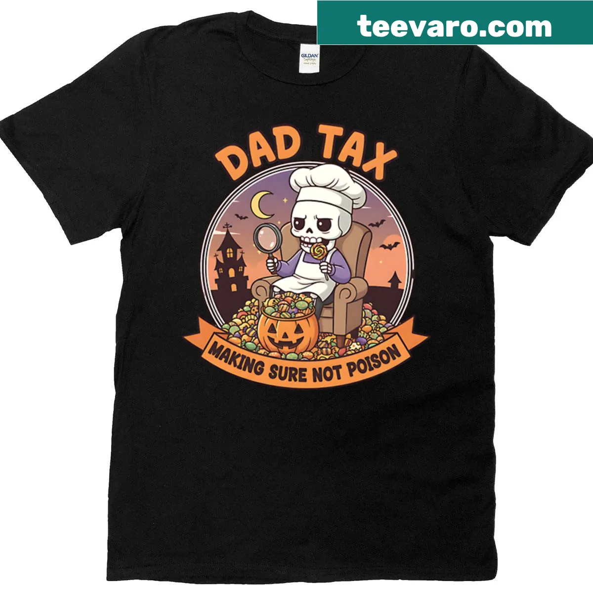 Funny skeleton graphic with candy on Halloween t-shirt — on a men's t-shirt