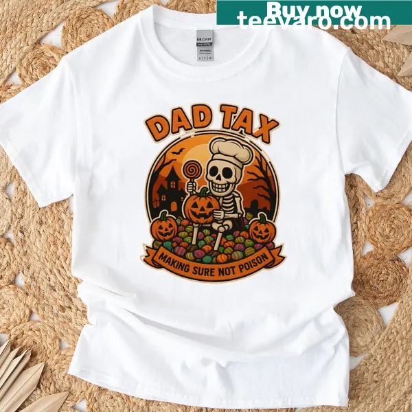 Skeleton t-shirt with 'Dad Tax' Halloween candy check design