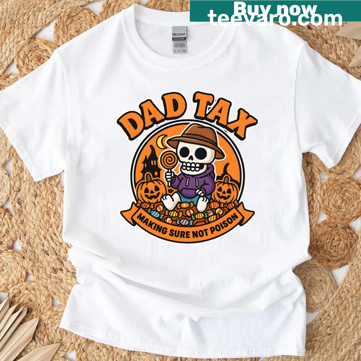 Cartoon skeleton graphic with 'Dad Tax' Halloween theme — on a men's t-shirt