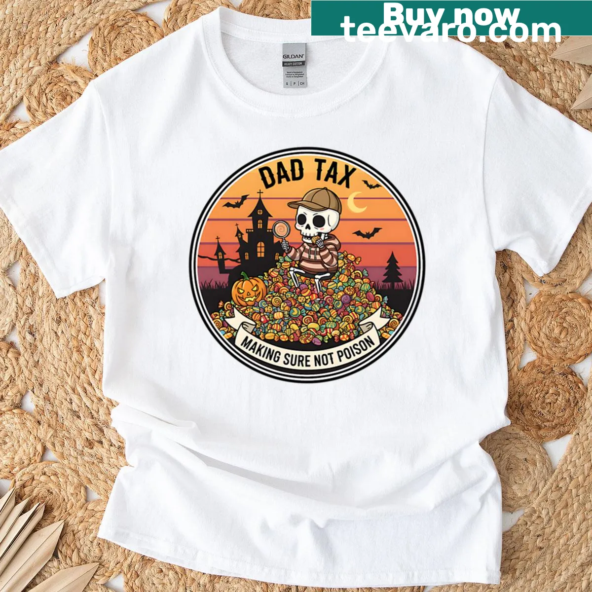 Funny Halloween skeleton t-shirt with 'Dad Tax' design — on a men's t-shirt