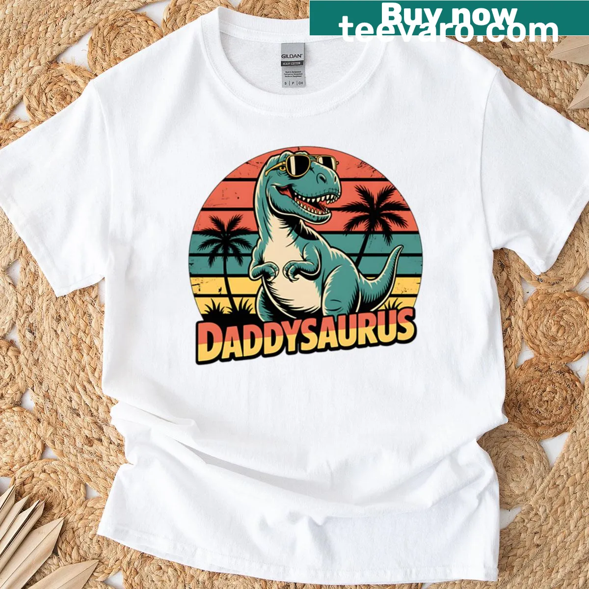 Cool retro dinosaur dad t-shirt with Daddysaurus graphic — on a men's t-shirt
