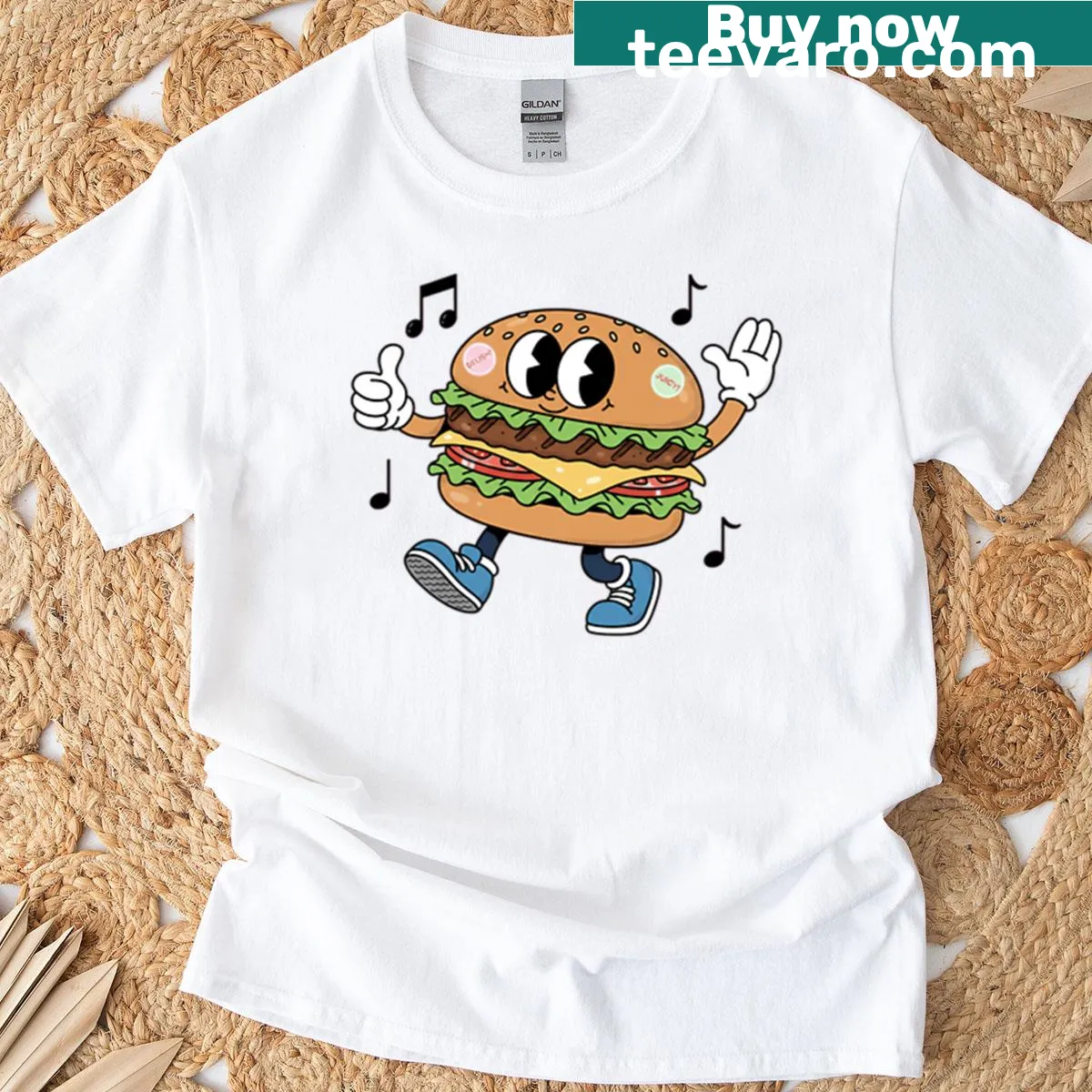 Cartoon T-shirt with a dancing burger graphic — on a men's t-shirt