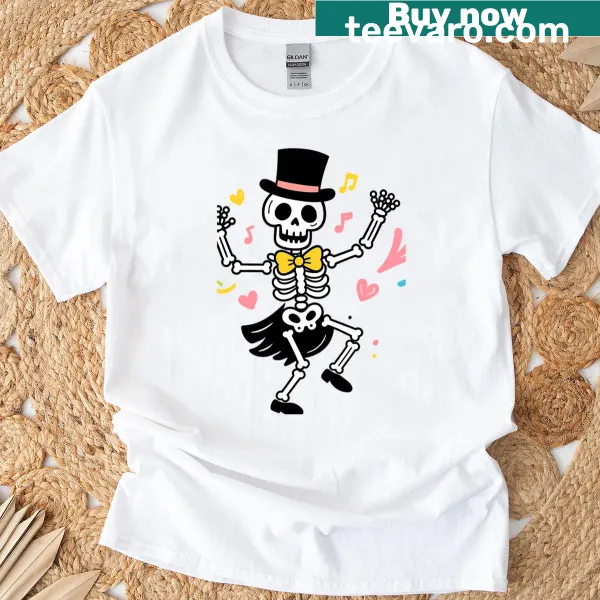 T-shirt featuring a dancing skeleton in a top hat and bow tie