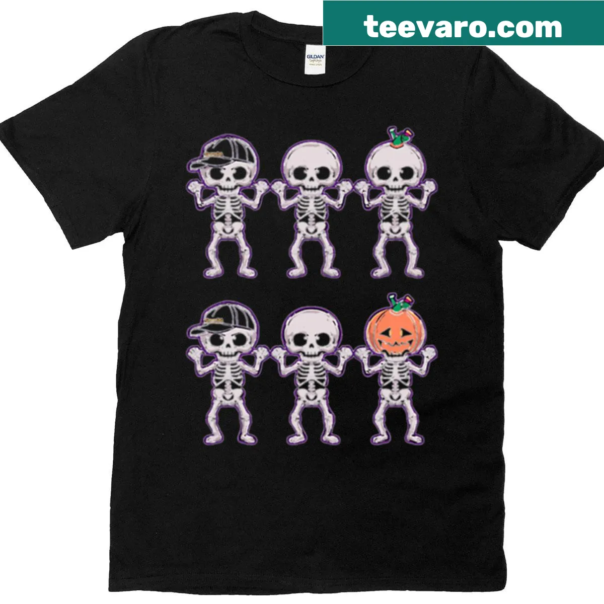 Cartoon dancing skeletons graphic on kids Halloween shirt — on a men's t-shirt