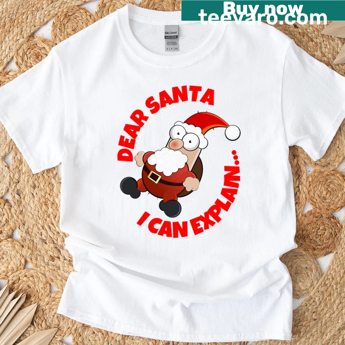 Funny Christmas t-shirt with 'Dear Santa I Can Explain' text — on a men's t-shirt