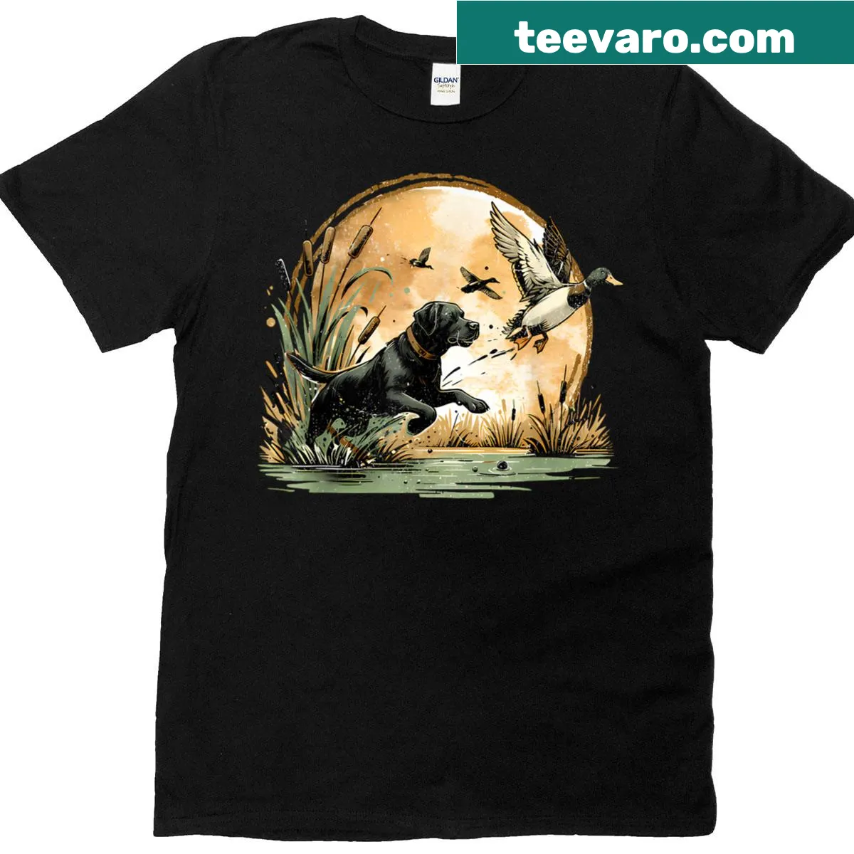 Vintage black lab retriever hunting design on a T-shirt — on a men's t-shirt