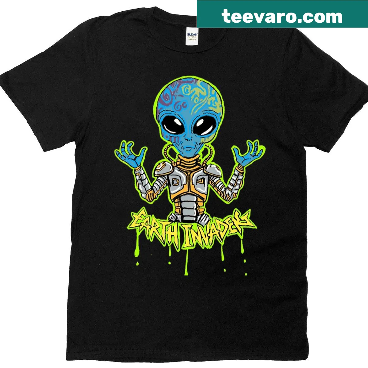 Playful alien graphic on Earth Invader t-shirt — on a men's t-shirt