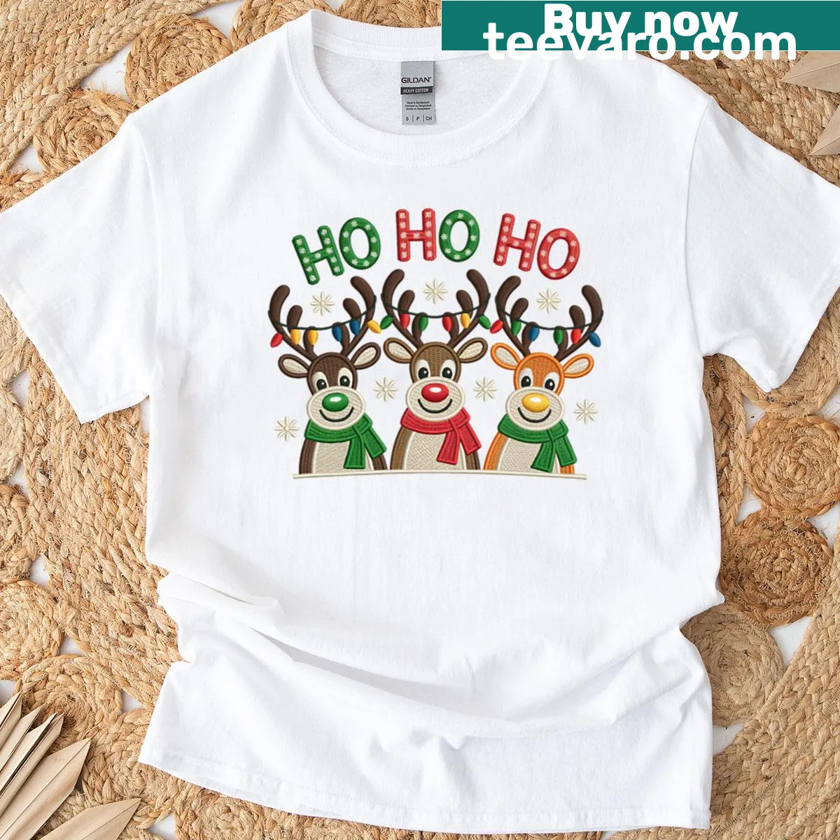 Embroidered T-shirt featuring a trio of reindeer with lights — on a men's t-shirt