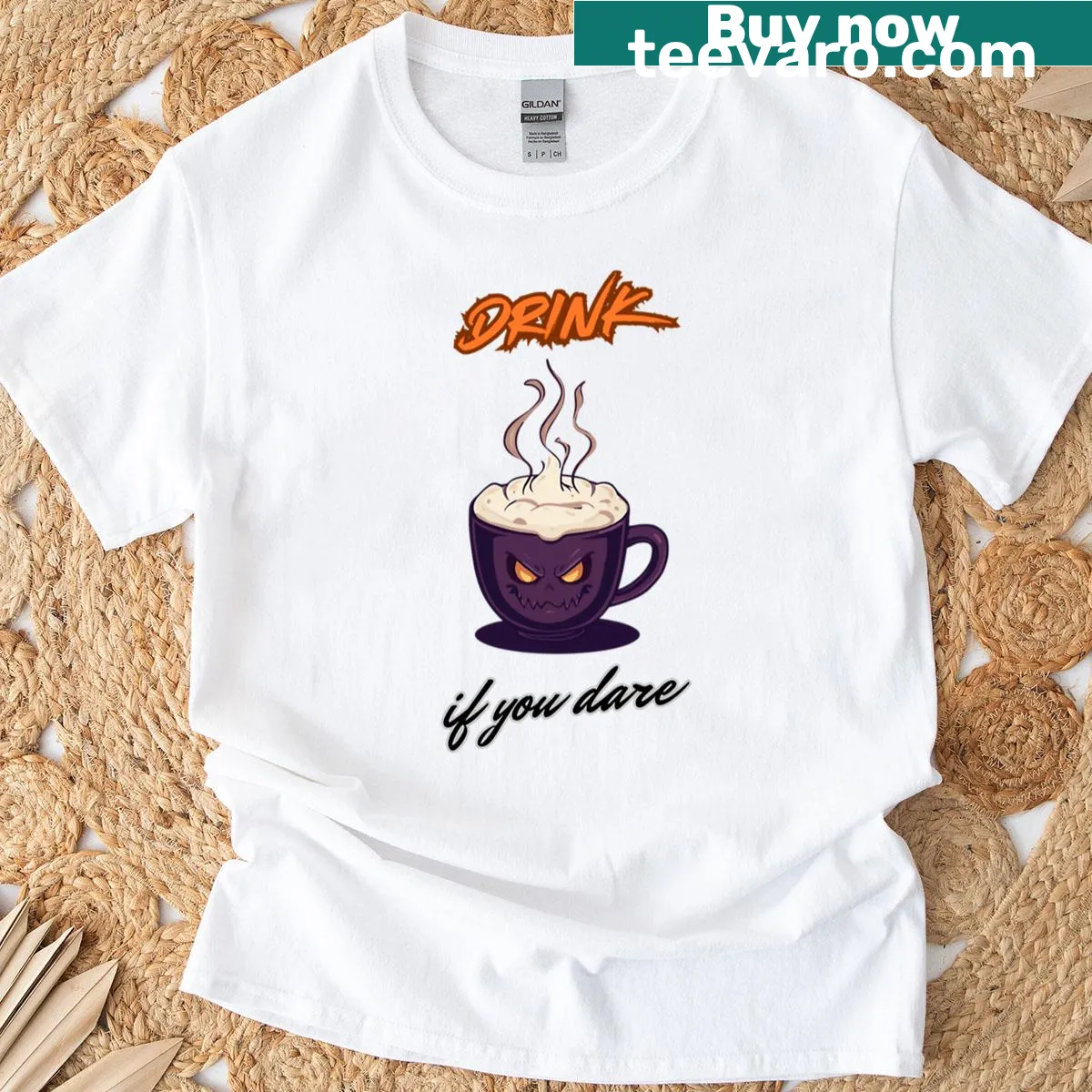 Cartoon evil coffee graphic on dark humor T-shirt — on a men's t-shirt