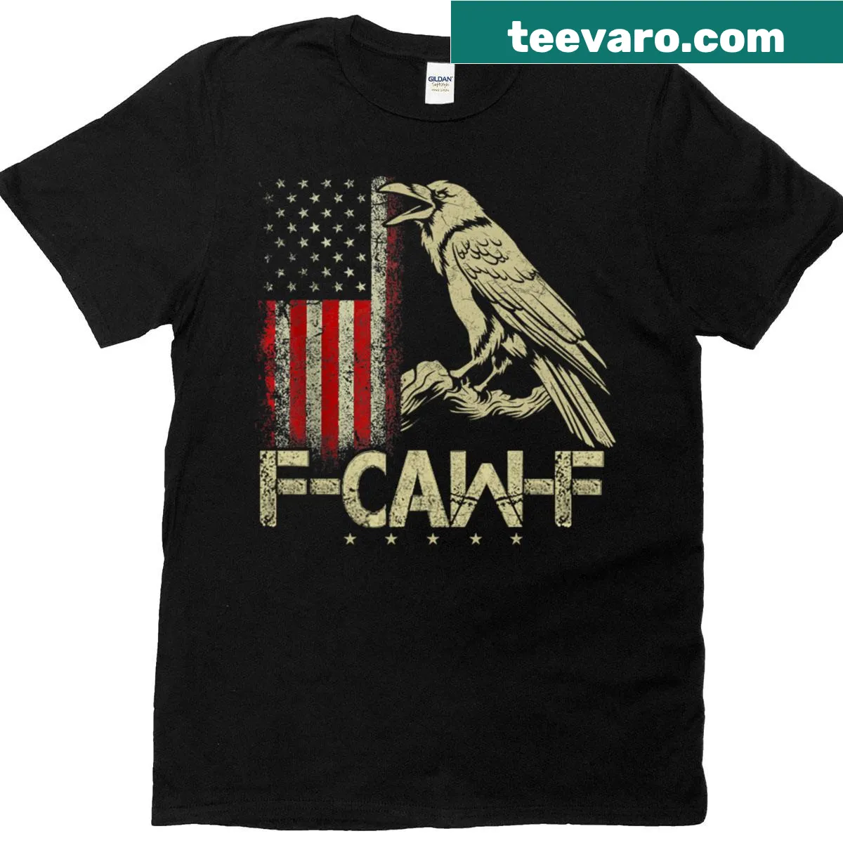 Vintage style t-shirt featuring a black crow and USA flag graphic with humorous text — on a men's t-shirt