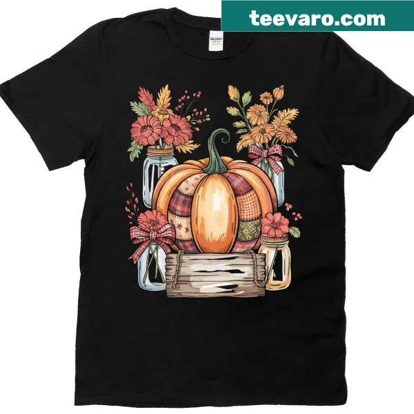 Vintage pumpkin graphic with floral and bow accents for Thanksgiving