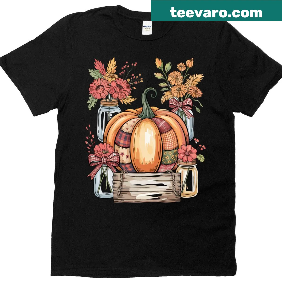 Vintage pumpkin graphic with floral and bow accents for Thanksgiving — on a men's t-shirt