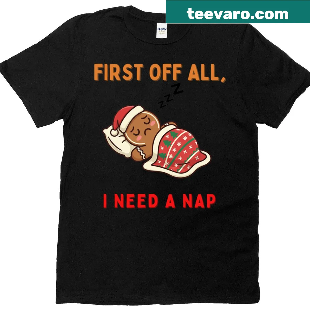 Sleepy gingerbread graphic with humorous text about needing a nap — on a men's t-shirt