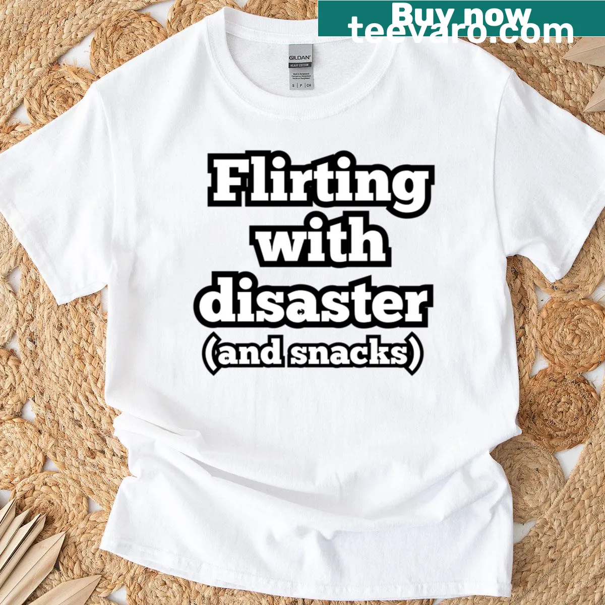 Funny quote t-shirt about flirting with disaster and snacks — on a men's t-shirt