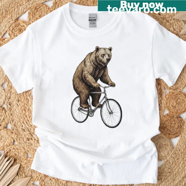 Whimsical vintage illustration of a bear riding a bicycle