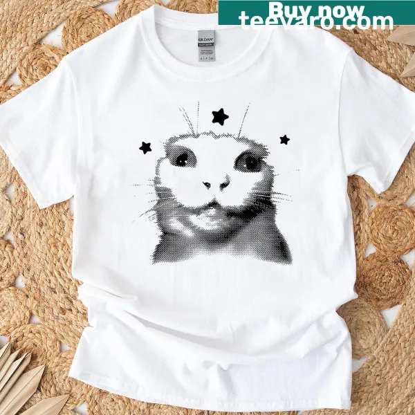 Silly vintage-style cat meme graphic on a cute T-shirt