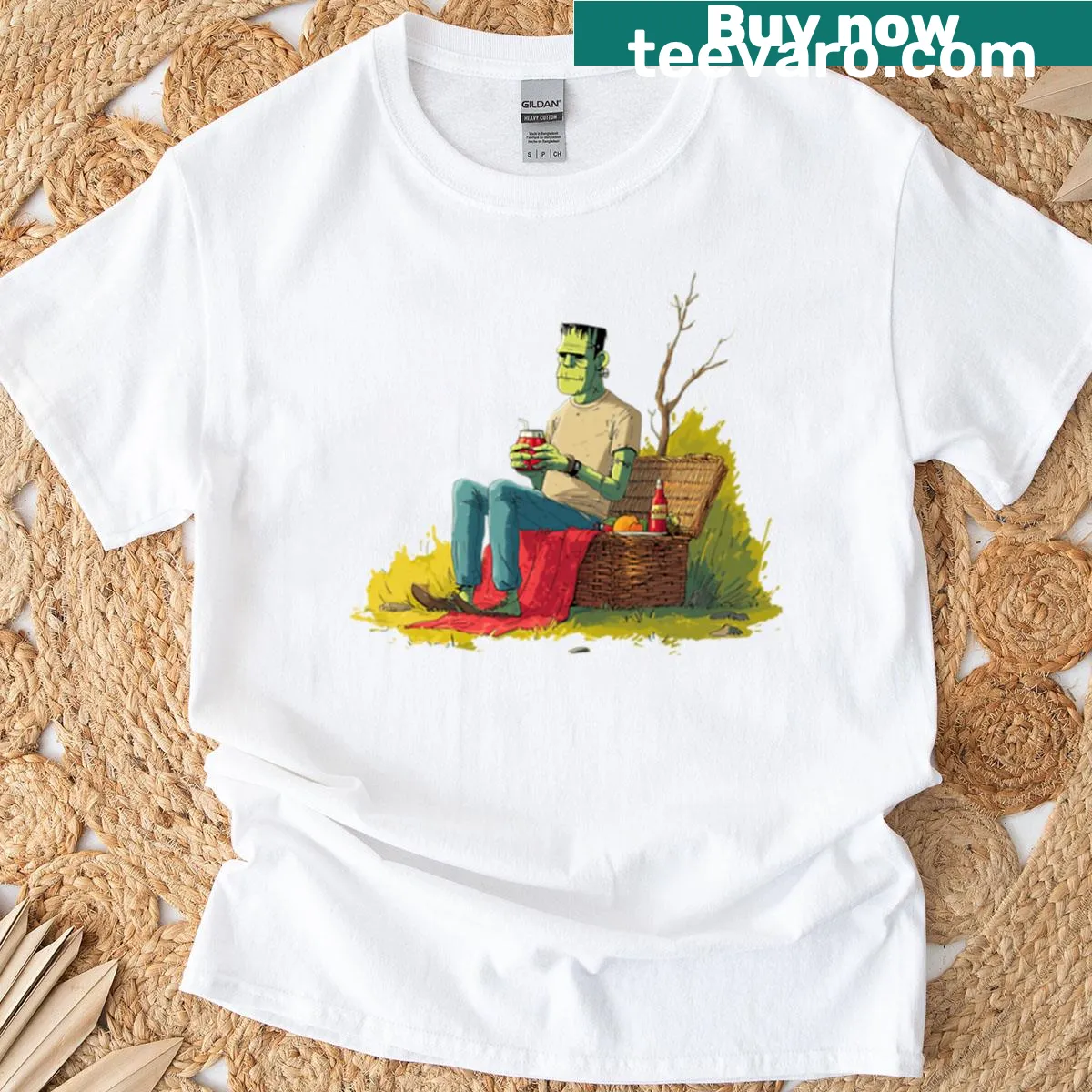 Frankenstein's monster enjoying a picnic graphic t-shirt. — on a men's t-shirt