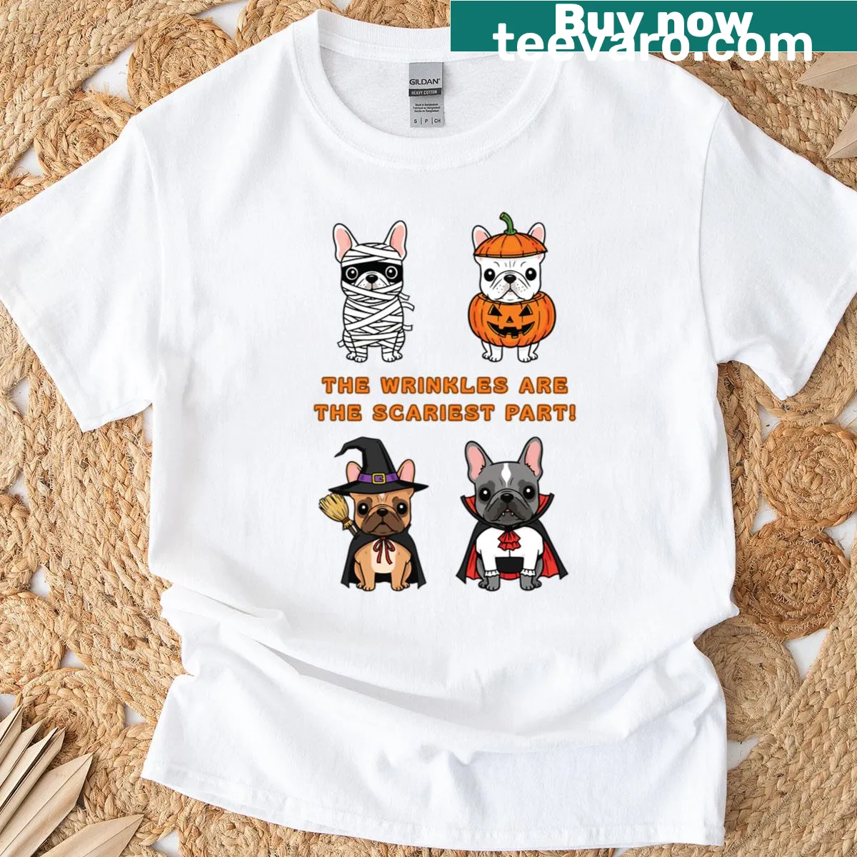 Funny oversized t-shirt featuring French Bulldogs in Halloween costumes — on a men's t-shirt