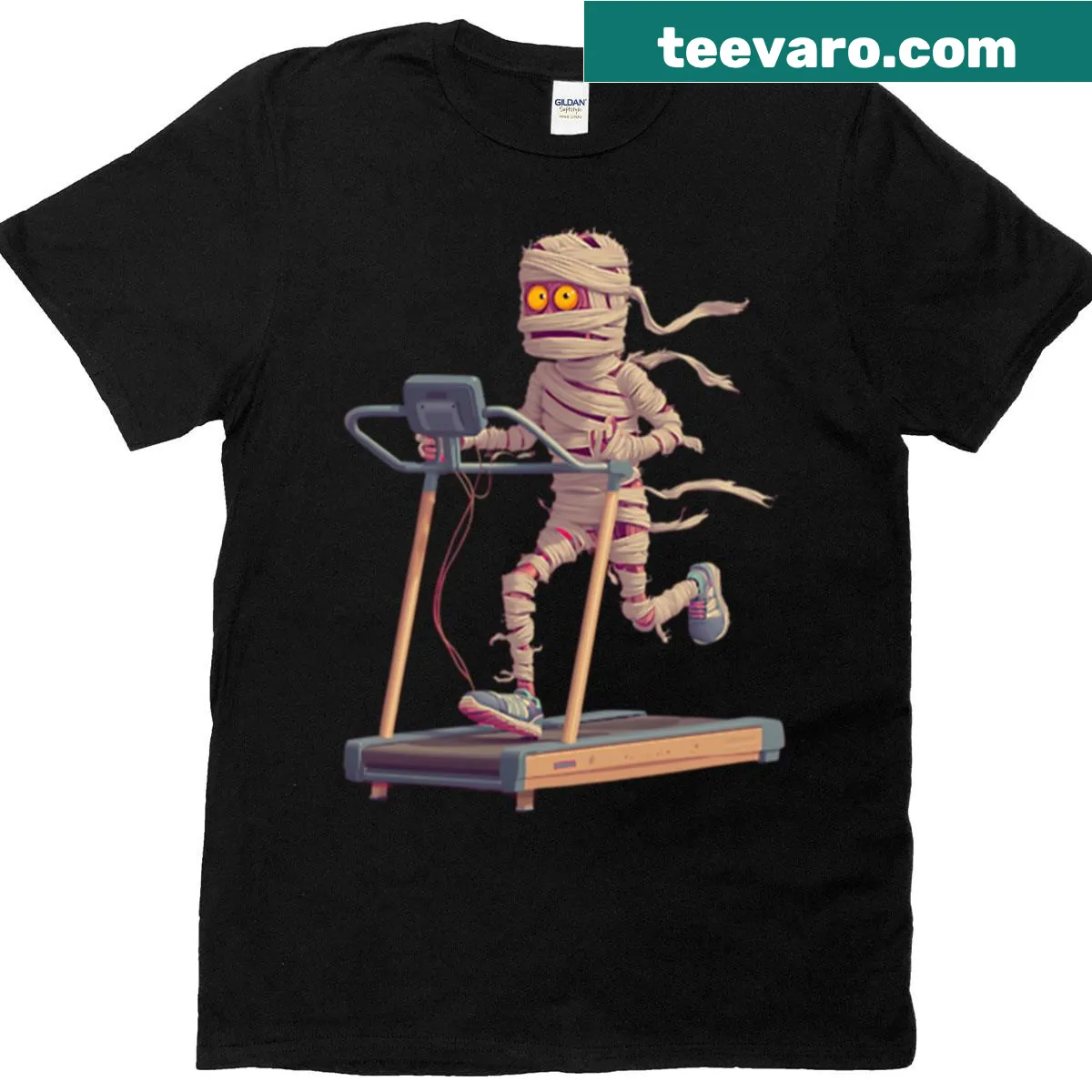 Cartoon graphic of a mummy running on a treadmill for Halloween — on a men's t-shirt