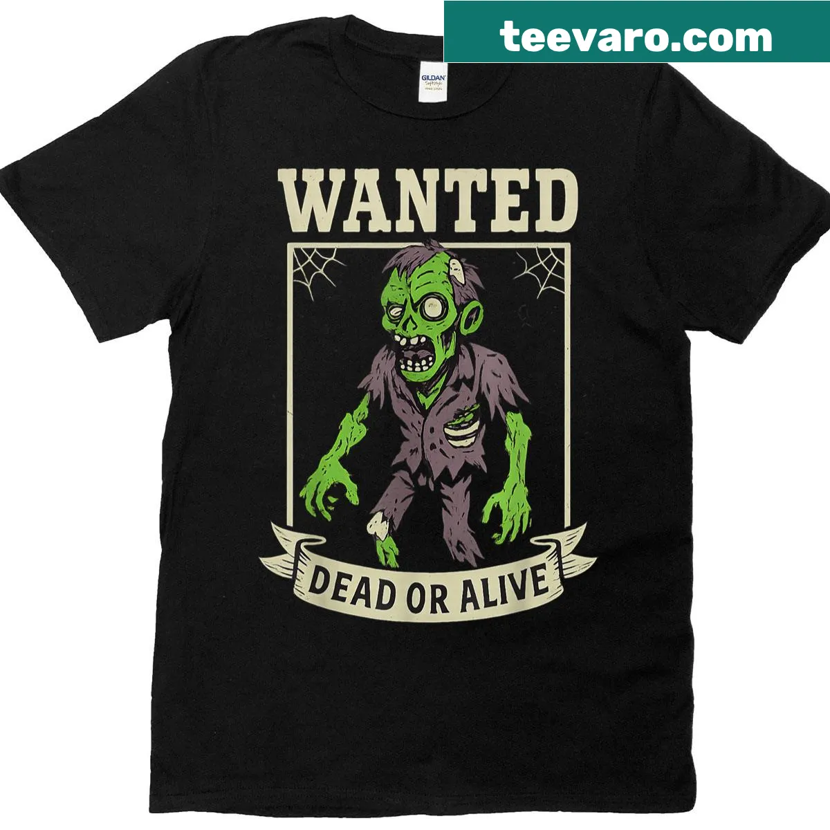 Vintage Halloween zombie wanted poster t-shirt in green — on a men's t-shirt