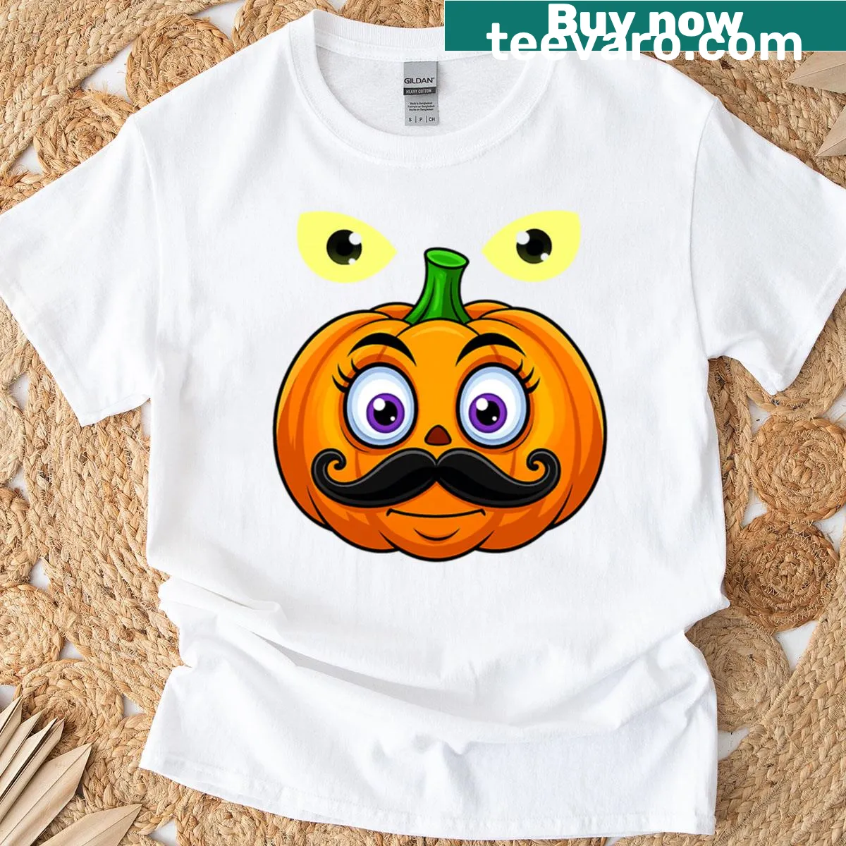 Cartoon pumpkin with mustache graphic on a T-shirt for Halloween. — on a men's t-shirt