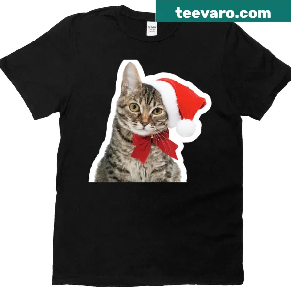 T-shirt with a funny tabby cat in Santa hat illustration