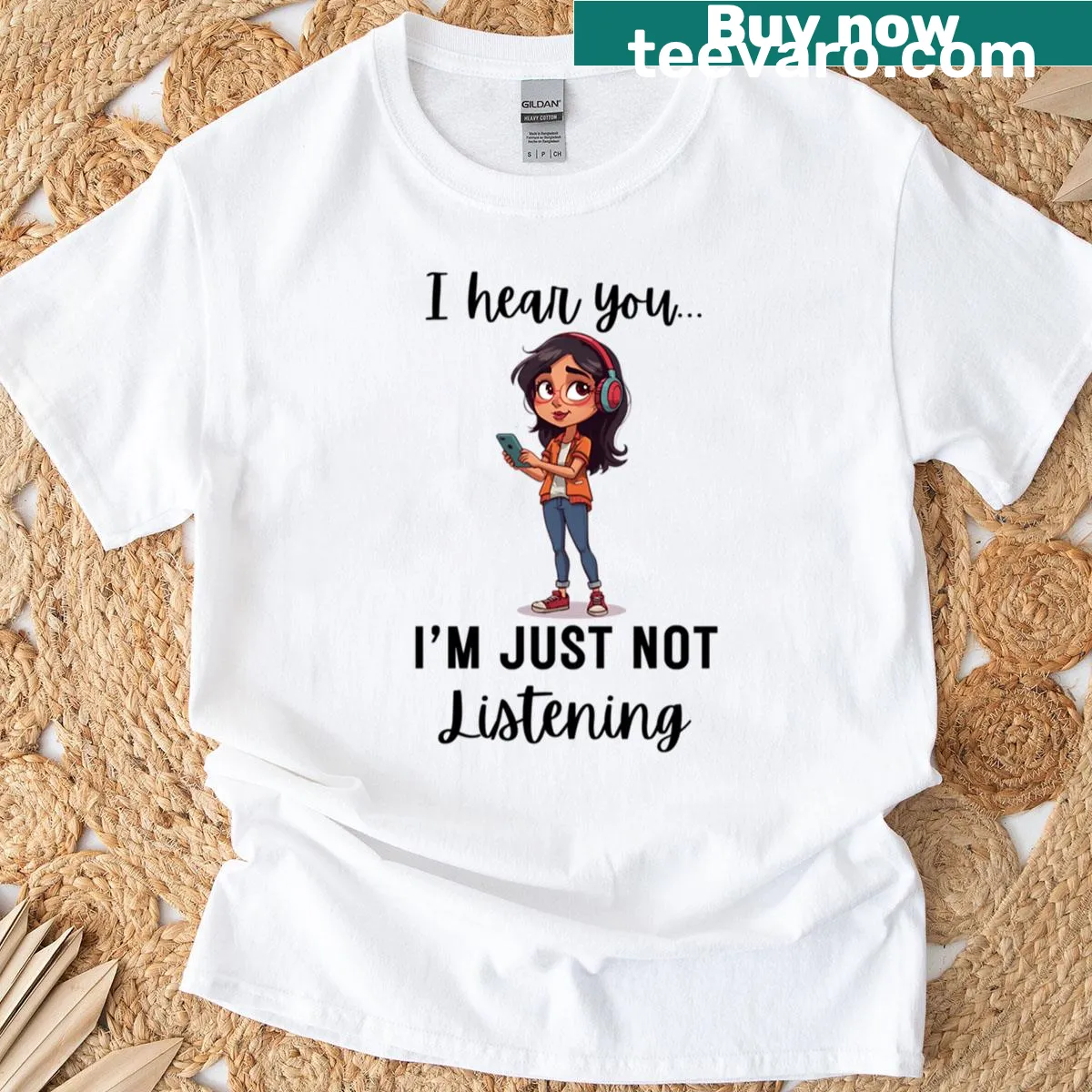 Cartoon T-shirt with humorous teen saying I Hear You, I'm Just Not Listening — on a men's t-shirt