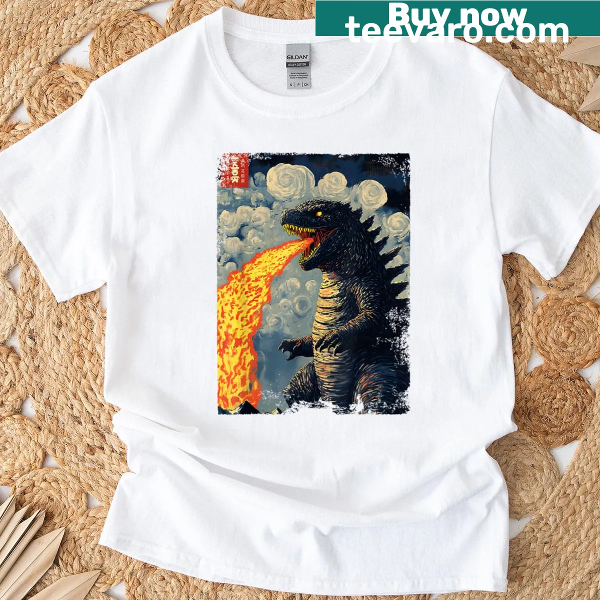 Vintage Japanese monster graphic t-shirt for movie lovers — on a men's t-shirt