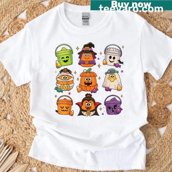 Vintage-style graphic tee with a pumpkin and chicken nuggets illustration