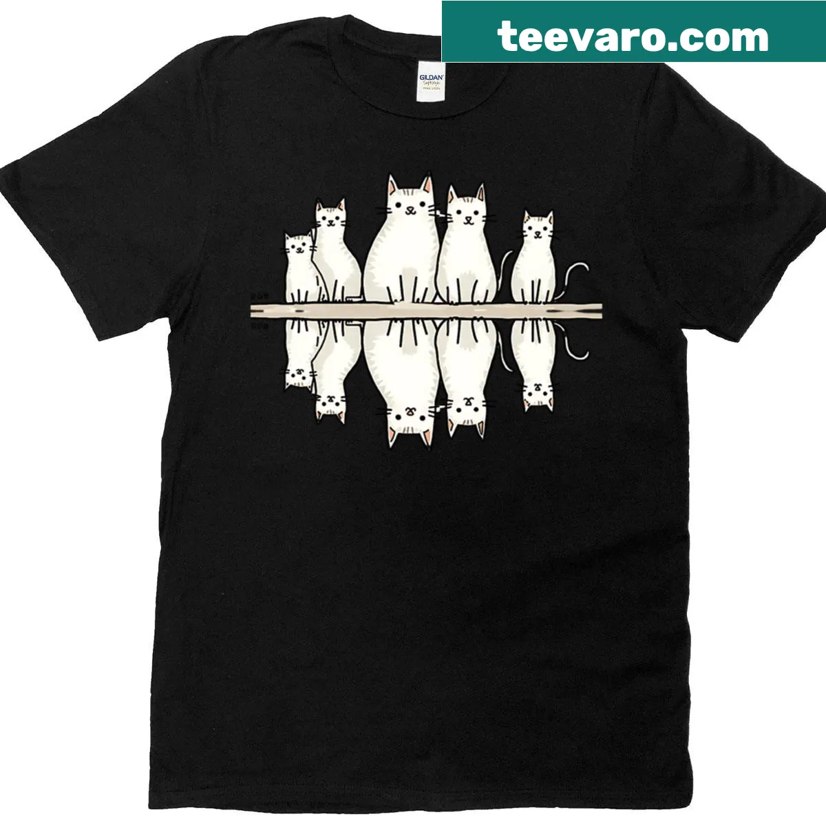 Minimalist t-shirt featuring white cats sitting on a line — on a men's t-shirt