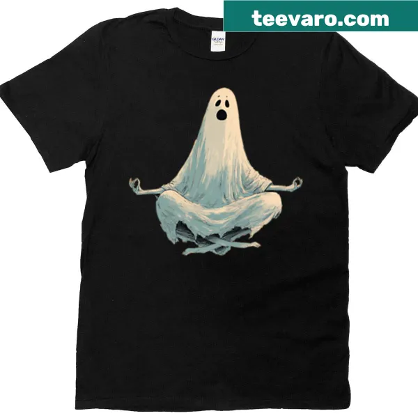 Cartoon ghost meditating in a funny Halloween design T-shirt
