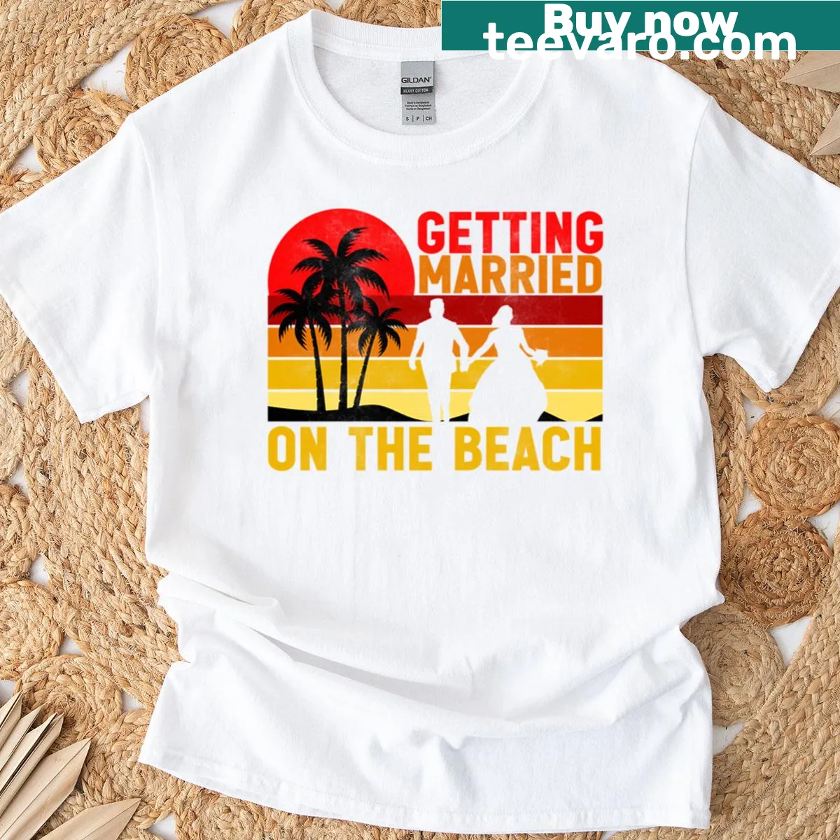 Beach wedding themed t-shirt for brides and grooms — on a men's t-shirt